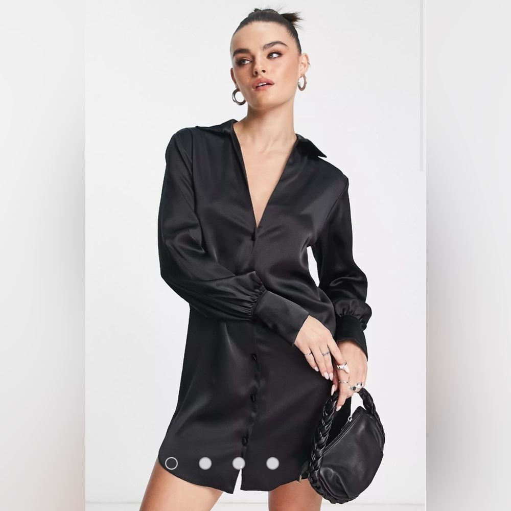 ASOS DESIGN slouchy satin Plunge shirt mini dress in Black